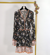 Crane-Print Bohemian Drawstring Dress