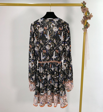 Crane-Print Bohemian Drawstring Dress