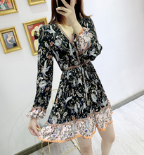 Crane-Print Bohemian Drawstring Dress