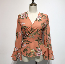 Trumpet-Sleeved Floral Wrap Top