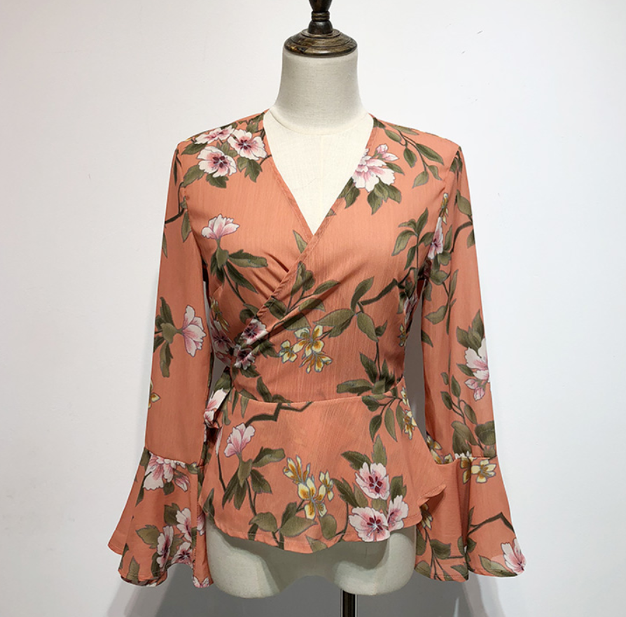 Trumpet-Sleeved Floral Wrap Top