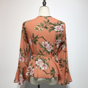 Trumpet-Sleeved Floral Wrap Top