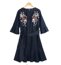 Embroidered V-Neck Waist-Tie Dress