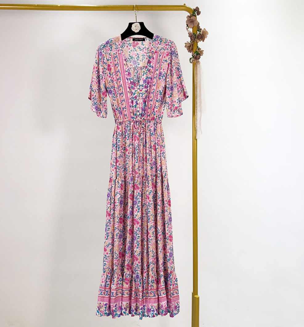 Printed Drawstring-Waist Midi Dress