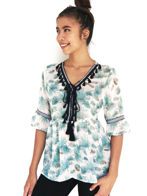 Tassel-Bordered Printed Blouse (Green Hawaiian)(BACKORDER)