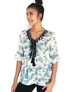 Tassel-Bordered Printed Blouse (Green Hawaiian)(BACKORDER)