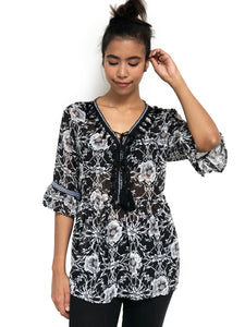 Tassel-Bordered Printed Blouse (Black Floral)(BACKORDER)